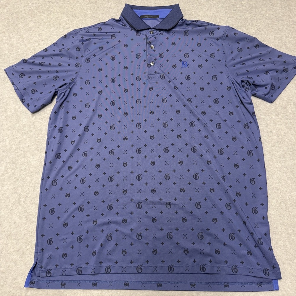 Greyson Polo Shirt Mens Large Blue Wolf Logo Golf Performance Stretch Top